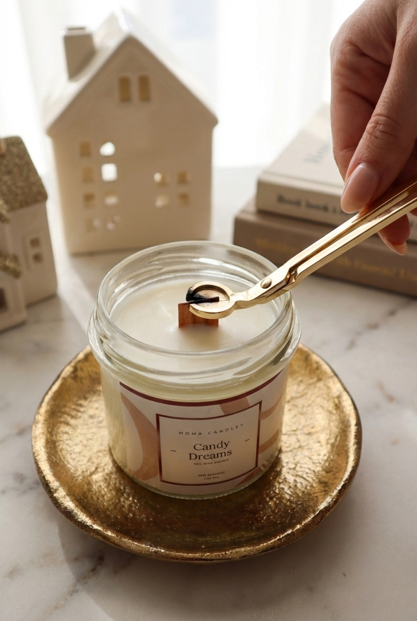 Cortando la mecha de madera de una vela de soja MŌMA para su cuidado